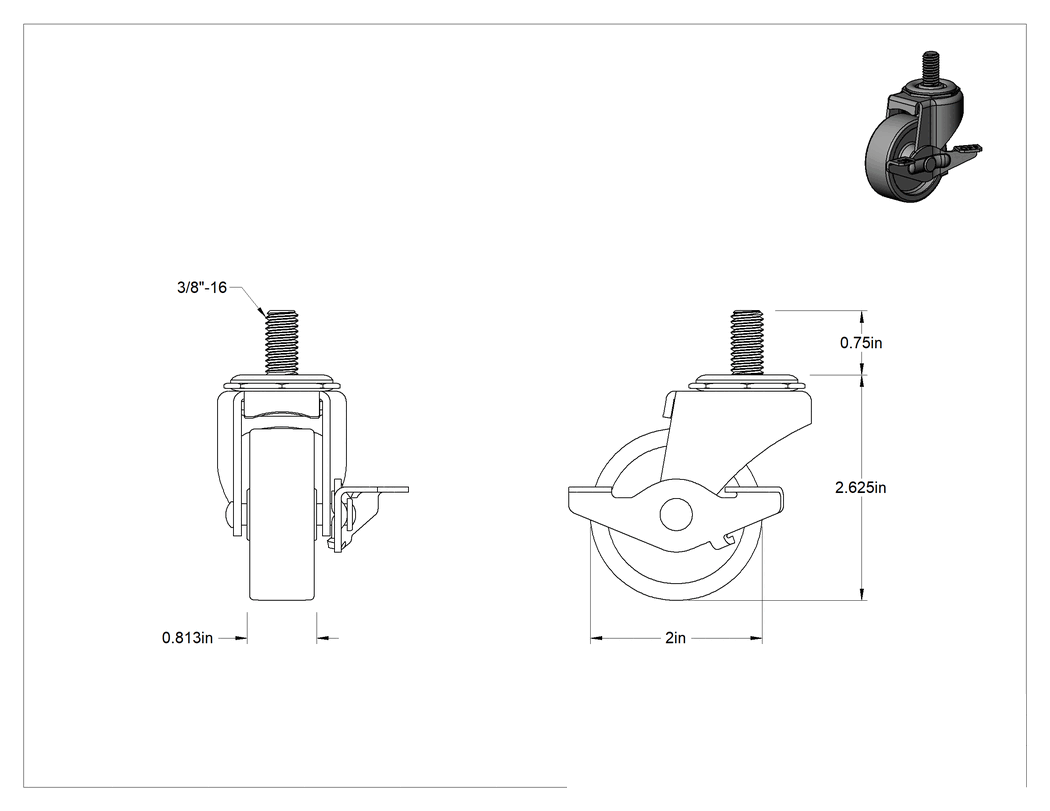 Teknik Çizim - Dişli Saplı Döner Tekerlek, Fren, Düşük Profil, 3/8"-16, 2" Çaplı Polipropilen Tekerlek, 3/4" Uzunluk