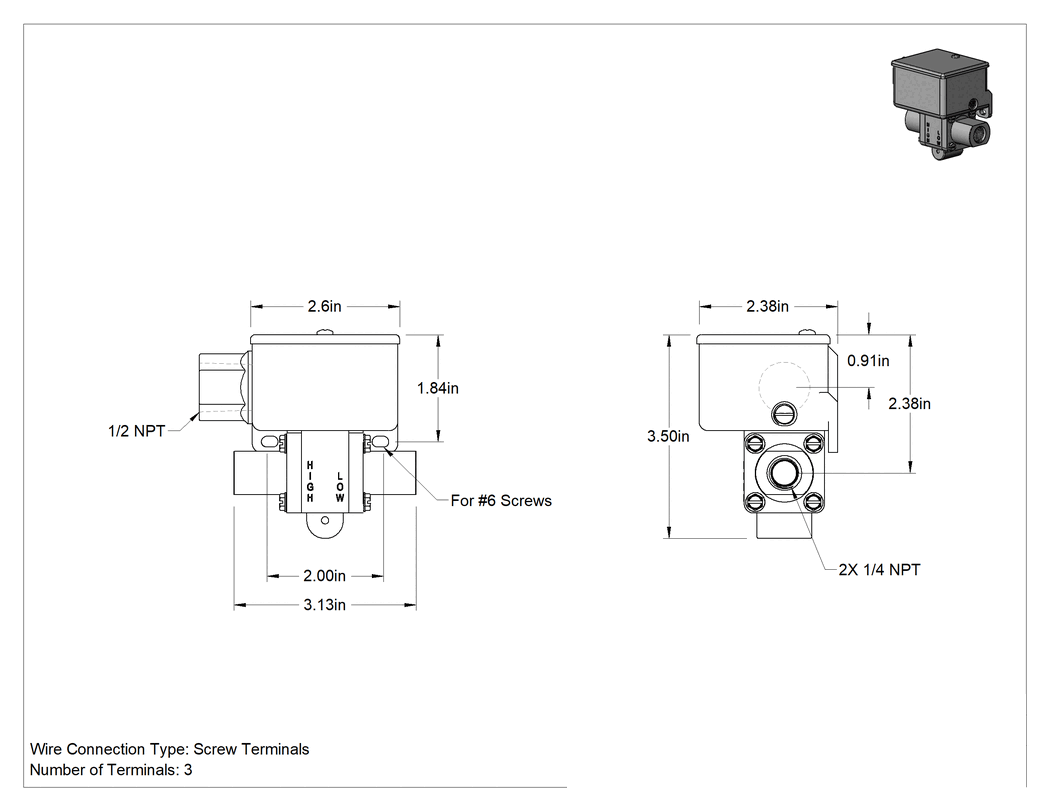 Teknik Çizim - Diferansiyel Basınç Şalteri, Sıvılar için, NEMA 4 Onaylı, 1 ila 10 PSI Ayar Noktası