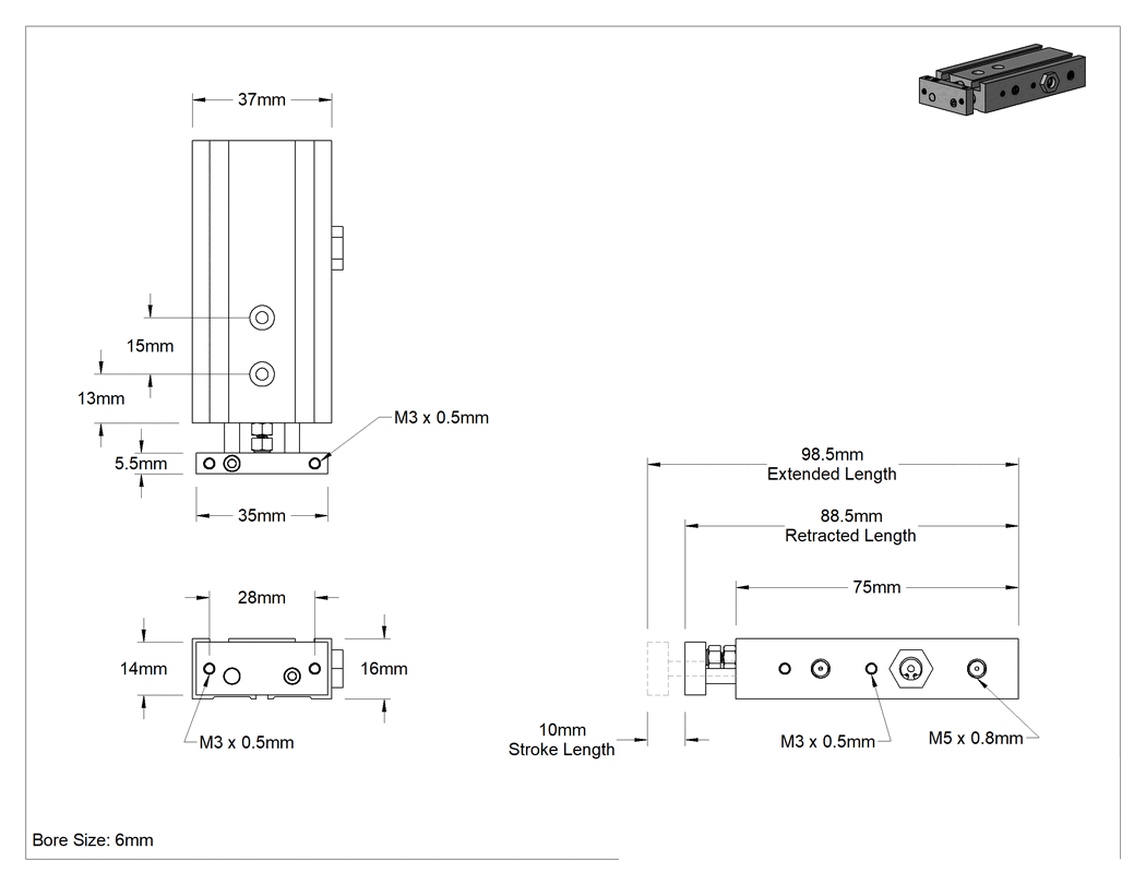 Teknik Çizim - Kilitli Hava Sürgüsü, 6 mm Delik Çapı, 10 mm Strok Uzunluğu