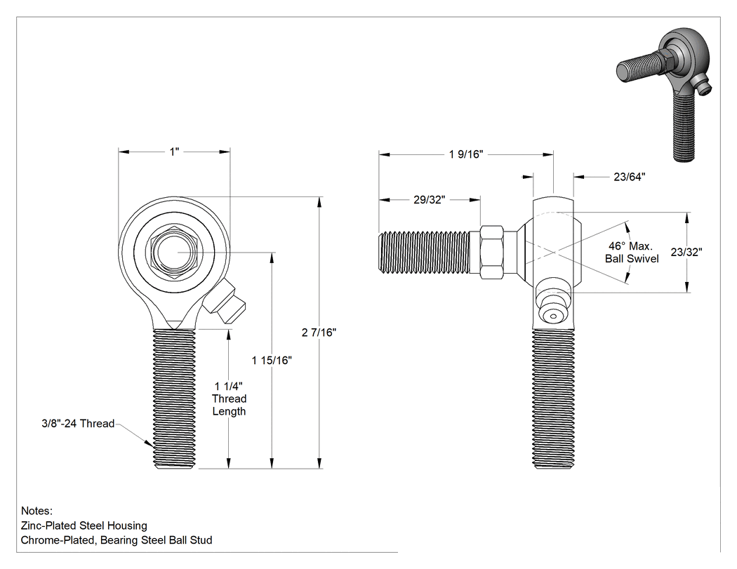 Teknik Çizim - Gres Noktalı Bilyalı Mafsal, Bağlantı, 3/8"-24 Diş, Sol Şaft, Sağ Yönlü Bilye Saplama