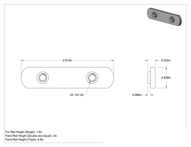 Teknik Çizim - Uç Beslemeli T-Yivli Çerçeve Bağlantı Elemanları, 1.5 inç Ray için Çift Somun, 1/4"-20 Diş, 0.2220 inç Kalınlık