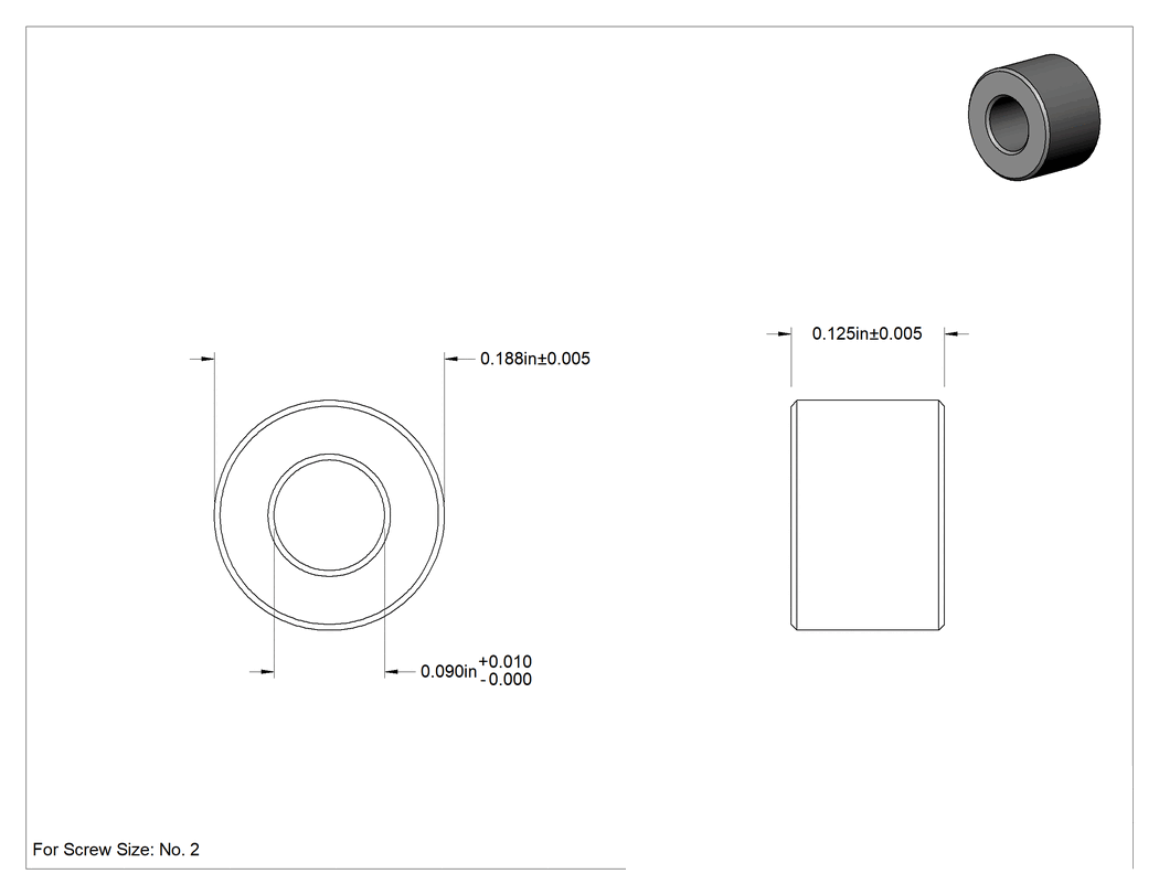 Teknik Çizim - Çelik Dişsiz Ara Parçalar, 3/16" Dış Çap, 1/8" Uzunluk, 2 Numaralı Vida Boyutu için
