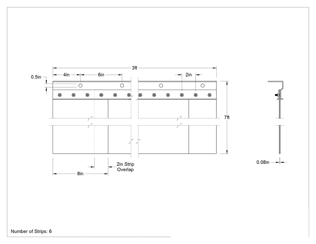 Teknik Çizim - Statik Elektrik Dağıtıcı Şerit Kapı, Cıvatalı, 3 Fit Genişlik x 7 Fit Yükseklik, 8" Genişlikte Şeritler