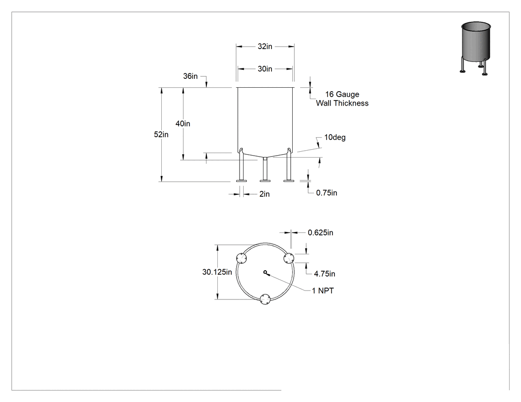 Teknik Çizim - 304 Paslanmaz Çelik Kolay Boşaltmalı Tank, Dişli Tahliye Bağlantısı, 100 Galon Kapasite