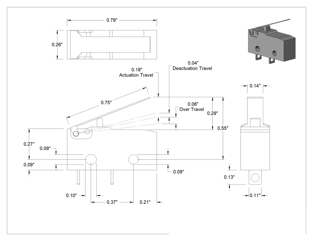 Teknik Çizim - Subminyatür Anında Çalışan Anahtar, Kol Aktüatör ve Tırnak Terminalli, SPST-NO, 10A@250V AC