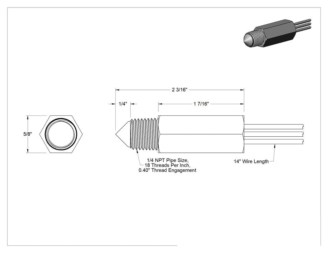 Teknik Çizim - Su için Temassız Seviye Anahtarı, 1/4 NPT Erkek, SPST-NC