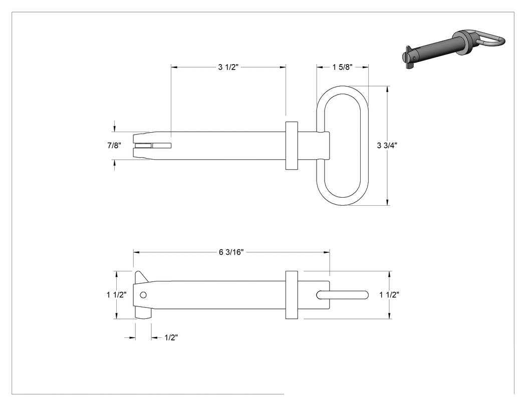 Teknik Çizim - Toggle'lı Çatal Pimi, Döngü Tutamak, Sap, Çinko Kaplamalı Karbon Çelik, 7/8" Çap, 3.5" Uzunluk