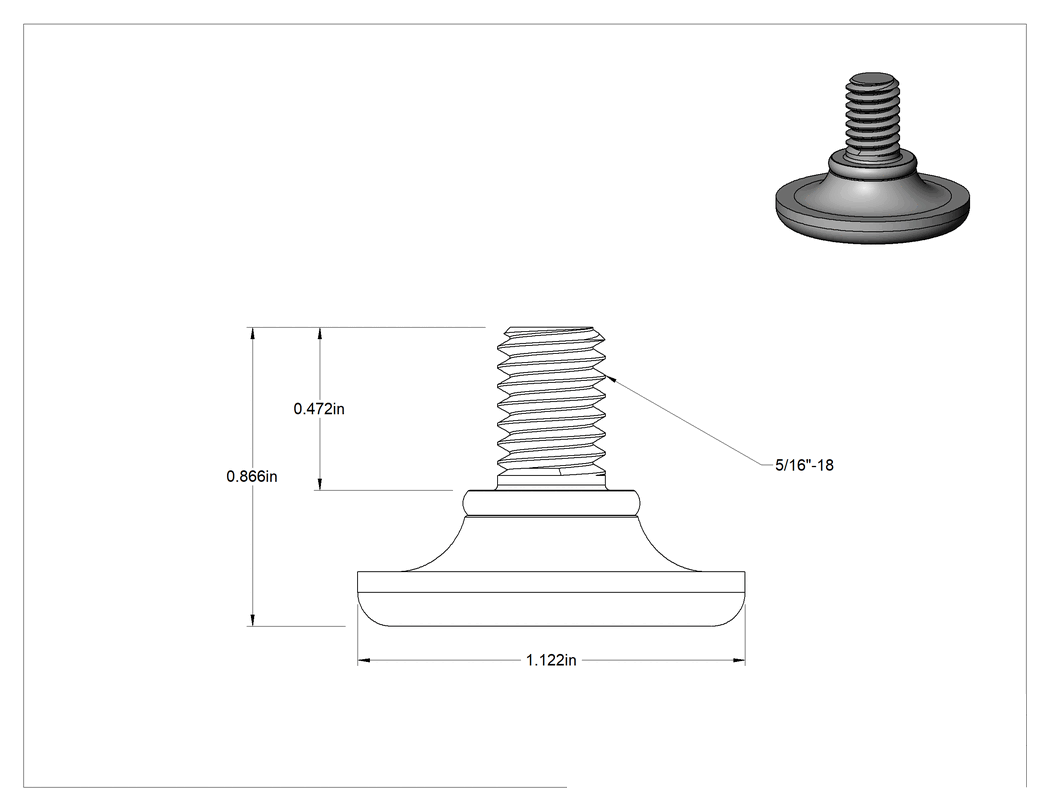 Teknik Çizim - 1/2" Uzunlukta 5/16"-18 Çinko Kaplı Saplamalı Plastik Ayaklar