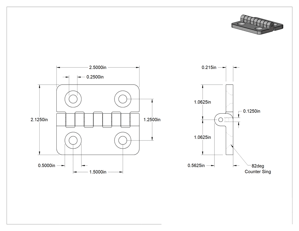 Teknik Çizim - Delikli Plastik Menteşeler, 2-1/2" Yükseklik x 1-1/16" Genişlik Kapı Kanadı