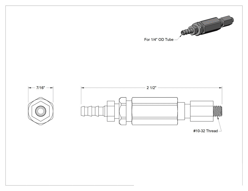 Teknik Çizim - Hat Üstü Hava Akış Kontrol Vanası, Erkek, 0.188" Boru İç Çapı için 10-32 Giriş x Tırnaklı Çıkış