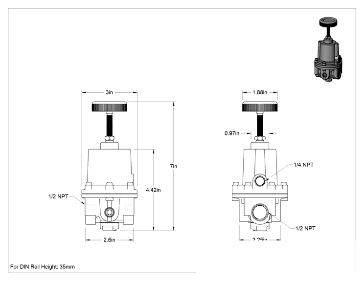 Teknik Çizim - Versa-Mount Hassas Basınçlı Hava Regülatörü, 1/2 NPT Dişi, 100 PSI Hava Akışında 60 scfm, 0-10 PSI