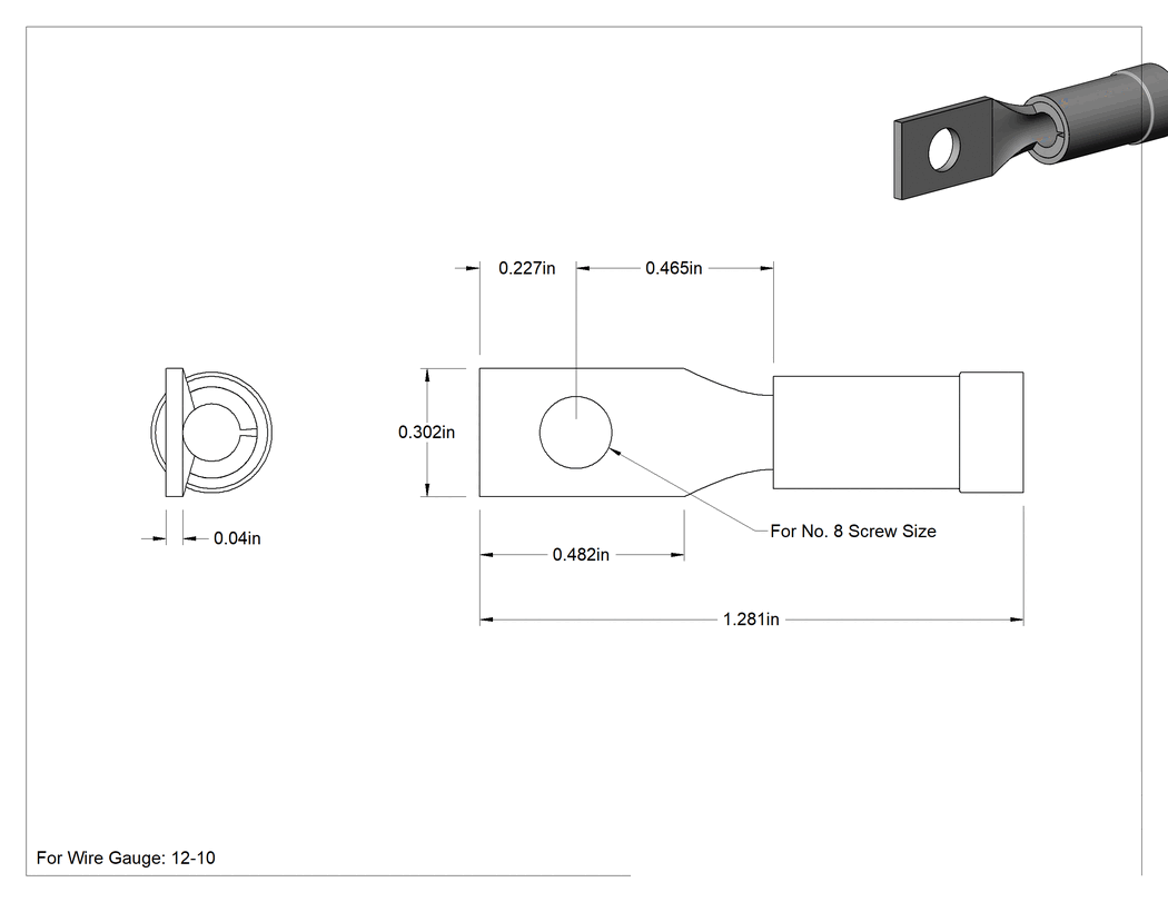 Teknik Çizim - Kalay Kaplı Bakır Halka Terminalleri, Bükülmeye Dayanıklı, Blok, 12-10 AWG ve 8 Numaralı Vida Boyutu için