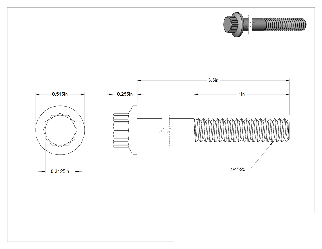 Teknik Çizim - Çelik 12 Uçlu Vida, Siyah Oksit, 1/4"-20 Diş Boyutu, 3-1/2" Uzunluk
