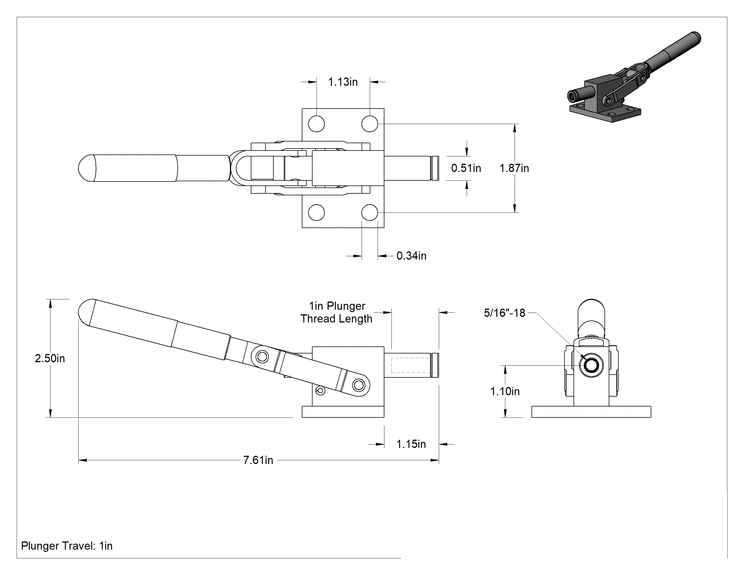 Teknik Çizim - Ağır Hizmet Tipi Ters Hareketli Basmalı Mandal Kelepçesi, 2500 lbs. Tutma Kapasitesi, 5/16"-18 Piston Diş Boyutu