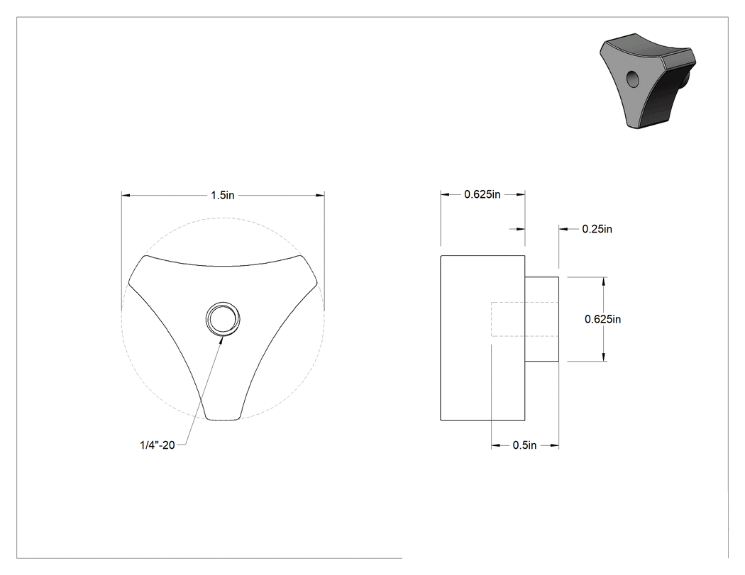 Teknik Çizim - Plastik Üç Kollu Düğme, Polipropilen, 1/4"-20 Dişli Delik, 1-1/2" Başlık Çapı