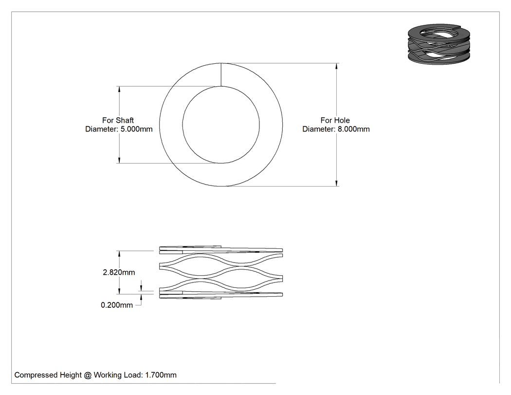 Teknik Çizim - İstiflenmiş Dalgalı Disk Yay, Düz Uçlar, 5 mm Mil Çapı için, 1.7 mm Sıkıştırılmış Yükseklik