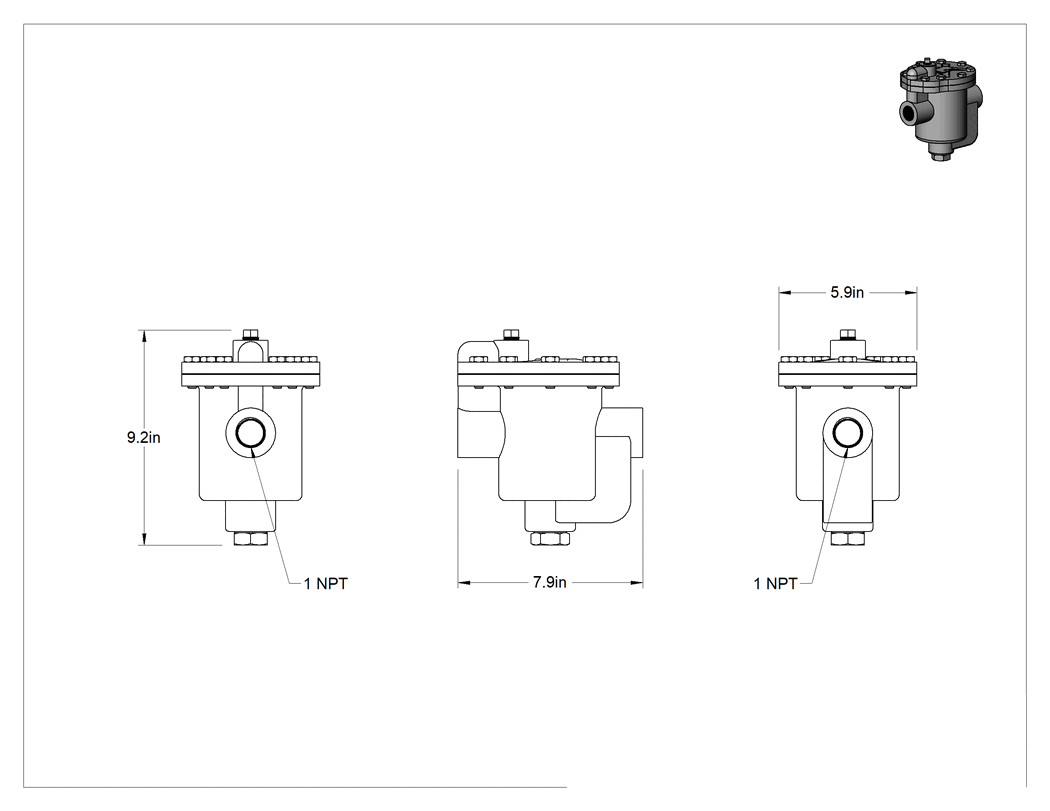 Teknik Çizim - Yüksek Akışlı Demir Buhar Kapanı, 1 NPT Dişi, 15 PSI Maksimum, 8" Uzunluk