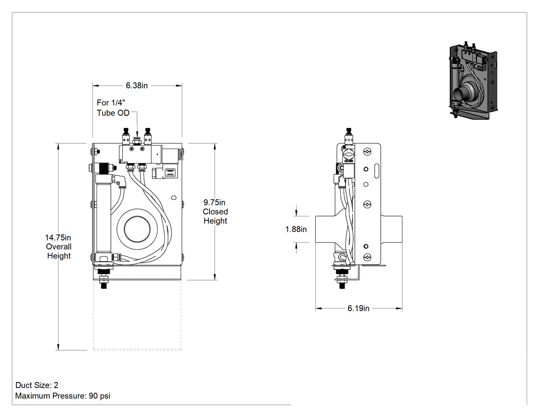 Teknik Çizim - Otomatik Patlama Kapısı, Kanal Boyutu, 2, 1-7/8" Erkek Dış Çap