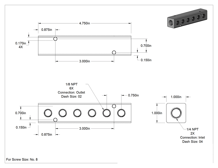 Teknik Çizim - Nikel Kaplı Alüminyum Dik Açılı Akış Manifoldu, Tek Tarafta 6 Çıkışlı, 1/4 NPT x 1/8 NPT