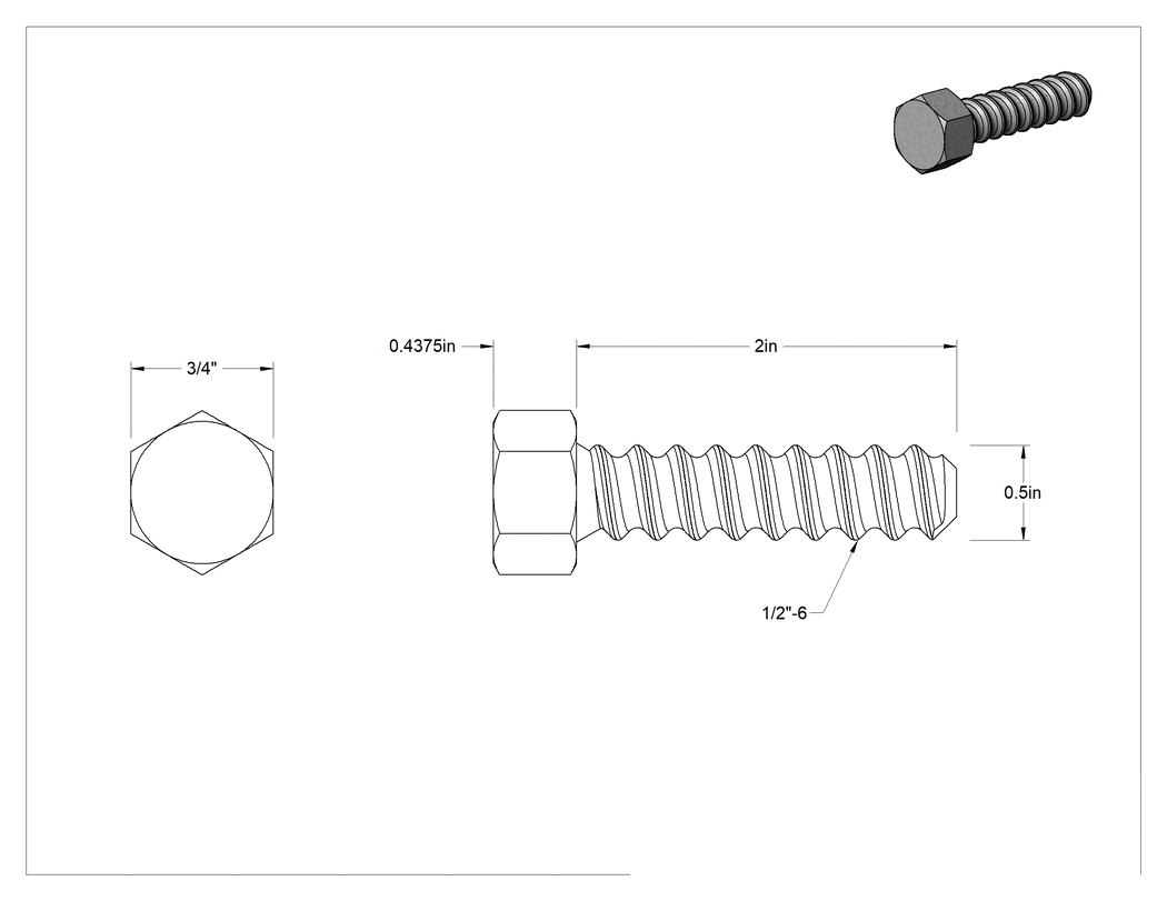 Teknik Çizim - Sarmal Dişli Altıköşe Başlı Vida, 1/2"-6 Diş Boyutu, 2" Uzunluk