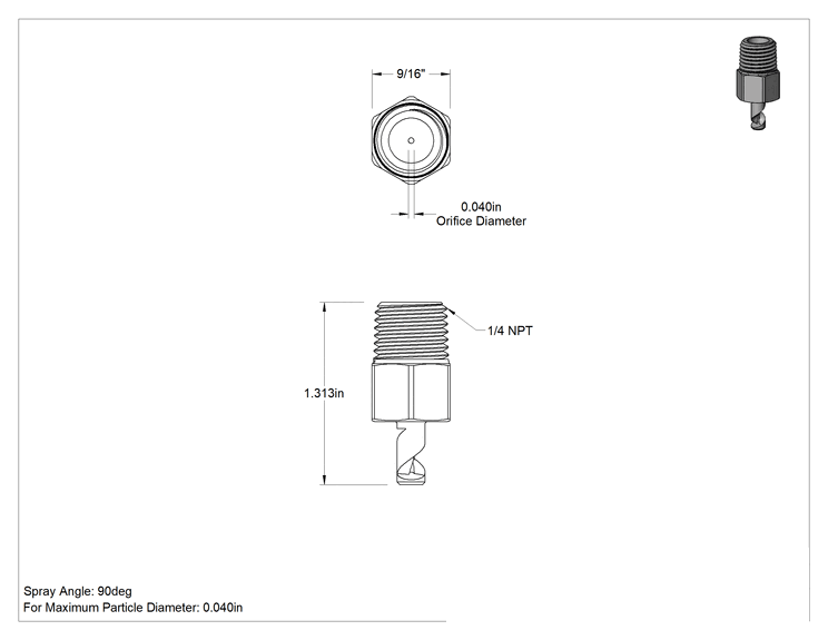 Teknik Çizim - Yüksek Hacimli Tıkanmaya Dayanıklı Sisleme Nozulu, 316 Paslanmaz Çelik, 1/4 NPT Erkek, 10 PSI'da 8.4 gph