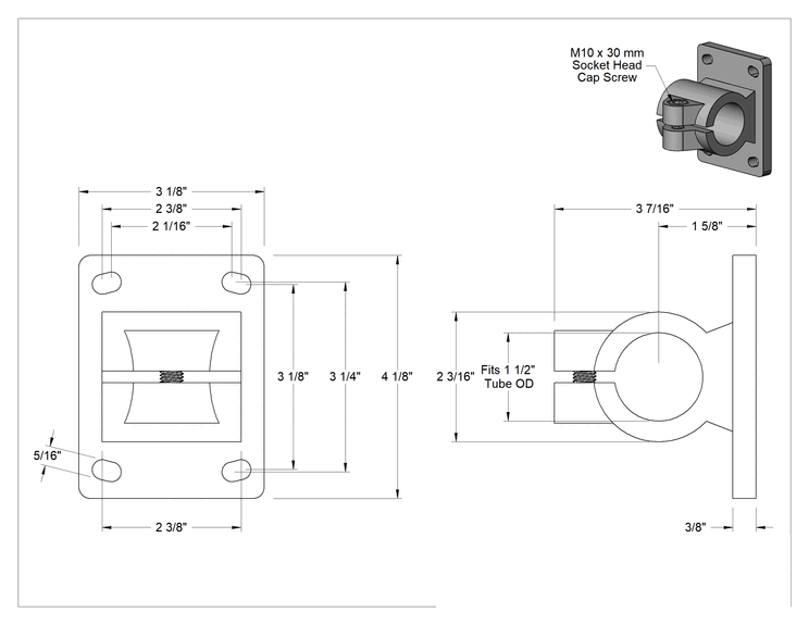 Teknik Çizim - Ağır Hizmet Tipi Alüminyum Kelepçeli Çerçeve Bağlantı Elemanı, 1.5" Dış Çaplı Ray için Ofset Flanşlı Delikli Destek