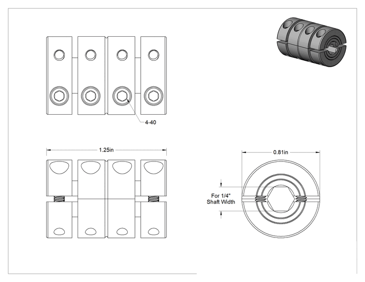 Teknik Çizim - İki Parçalı Mil Kaplini, 12L14 Karbon Çelik, 1/4" x 1/4" Altıgen Mil için