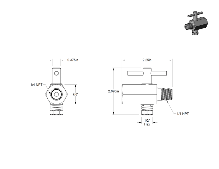 Teknik Çizim - Ultra Paslanma ve Aşınmaya Dayanıklı Kompakt Açma/Kapama Valfi, 316 Paslanmaz Çelik, T-Saplı, 1/4 NPT Dişi x 1/4 NPT Erkek