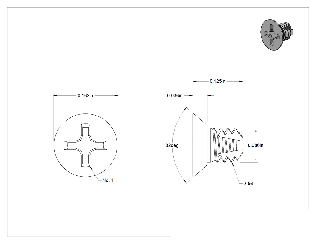 Teknik Çizim - Metal için Phillips Havşa Başlı Diş Açma Vidası, Çinko Kaplı Çelik, 2-56 Diş, 1/8" Uzunluk