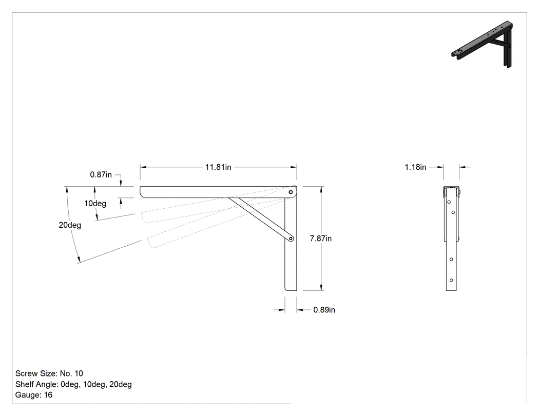 Teknik Çizim - Çok Konumlu Katlanabilir Raf Braketi, Ağır Hizmet Tipi, 11-7/8" Derinlik x 8" Yükseklik x 1-1/4" Genişlik