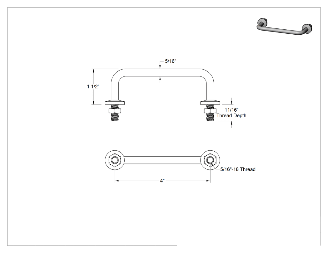 Teknik Çizim - Yuvarlak Tutma Kolu, Nikel Kaplı Pirinç, 5/16"-18 Diş, 4" Genişliğinde Merkezden Merkeze