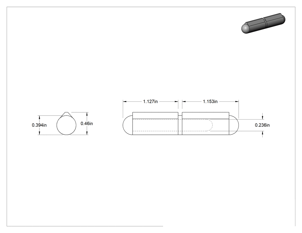 Teknik Çizim - Delikli Olmayan Dar Profilli Kaldırmalı Menteşe, 316 Paslanmaz Çelik, 1-5/32" x 13/32" Kapak Yaprak