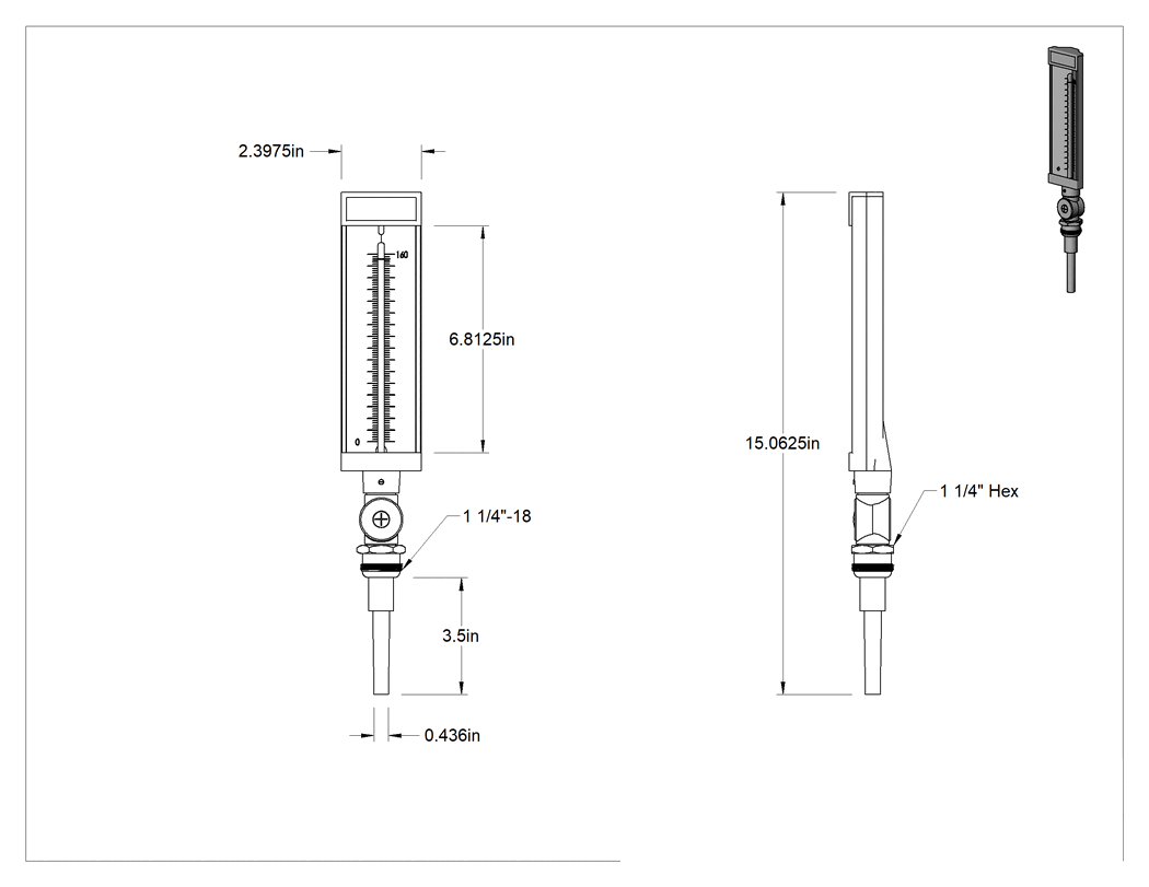 Teknik Çizim - Ayarlanabilir Açılı Hızlı Tepkili Termometre, UNEF Dişli, 0° ila 160°F, 15-3/4" Toplam Yükseklik