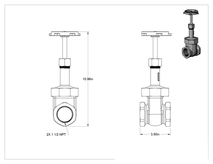 Teknik Çizim - Bronz Gövde ve Sürgülü Kademeli Açma/Kapama Vanası, Tekerlek Kolu ve Yükselen Mil, Sınıf 200, 1-1/2 NPT Dişi