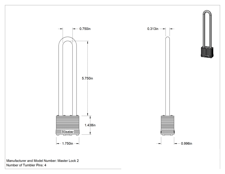 Teknik Çizim - Lamine Pirinç Gövdeli Hava Koşullarına Dayanıklı Asma Kilit, Ekstra Boşluklu, Master Lock 2, 5-3/4" Dikey Boşluk