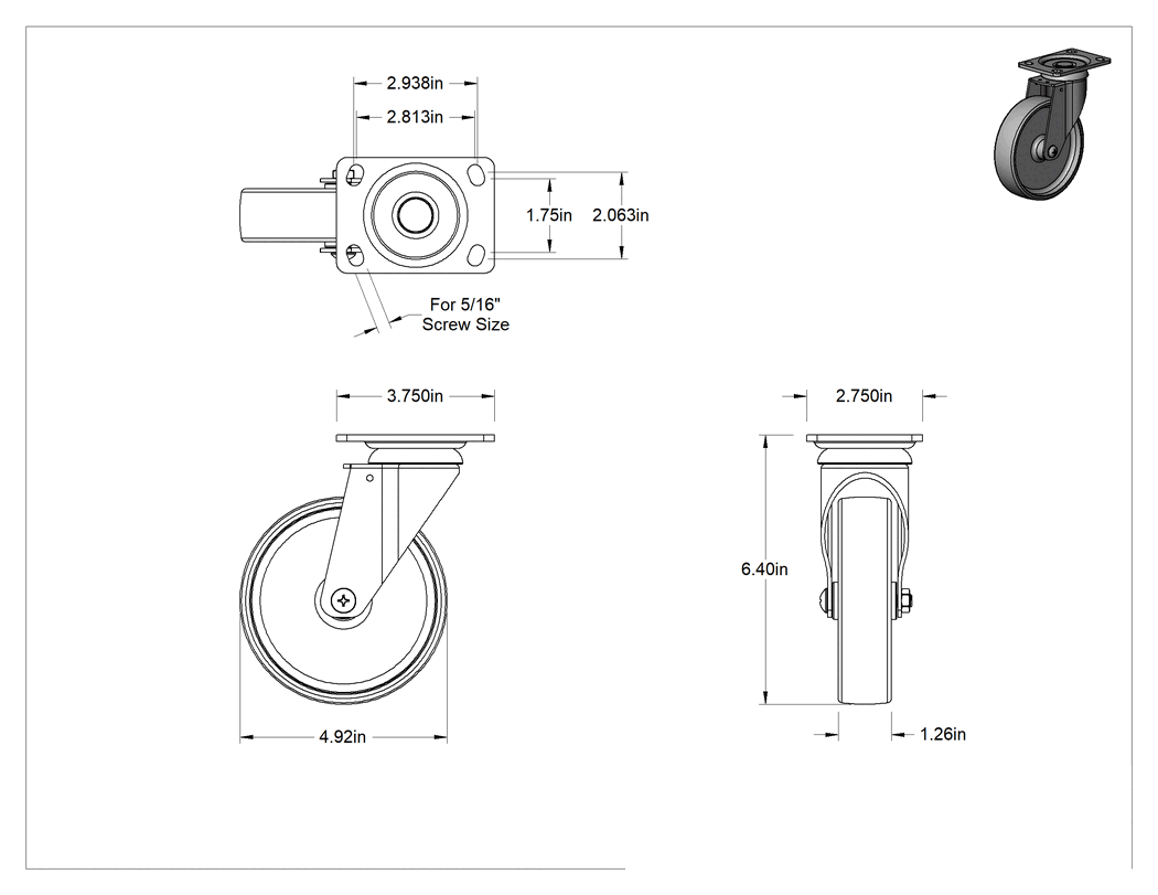 Teknik Çizim - 3-3/4" x 2-3/4" Plakalı Parlak Yüzeyli Tekerlek, 5 inç Çapında Naylon Tekerlekli Döner Tekerlek