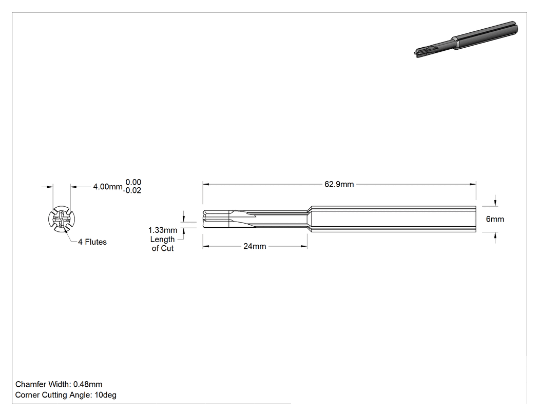 Teknik Çizim - Pahlı Köşeli Karbür Kare Uçlu Freze, TiAlN Kaplamalı, 4 Kanallı, 4 mm Freze Çapı