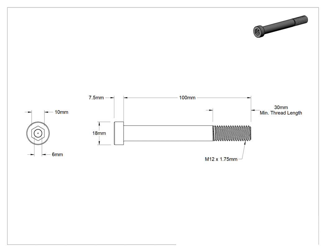 Teknik Çizim - Alaşımlı Çelik Düşük Profilli Alyan Başlı Vida, Pilotlu Altıgen, Çinko Kaplı 8.8 Çelik, M12 x 1.75mm, 100 mm Uzunluk
