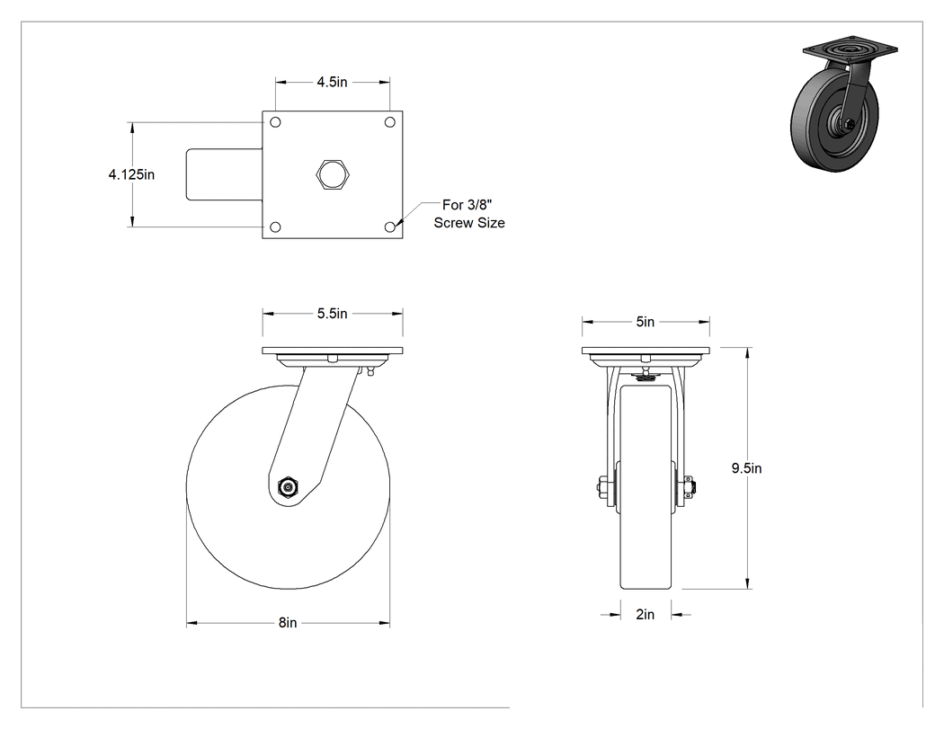 Teknik Çizim - 5-1/2" x 5" Plakalı Yüksek Kapasiteli Spartan Tekerlek, Sızdırmaz Rulmanlı ve 8 inç Çapında Fenolik Tekerlekli Döner