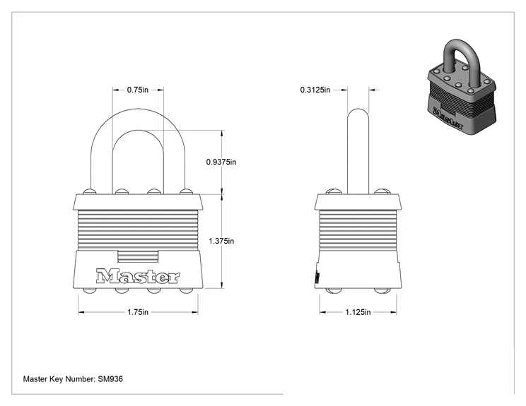 Teknik Çizim - Lamine Çelik Gövdeli Asma Kilit, Master Lock 1 Anahtarlı, 15/16 inç Dikey Boşluklu