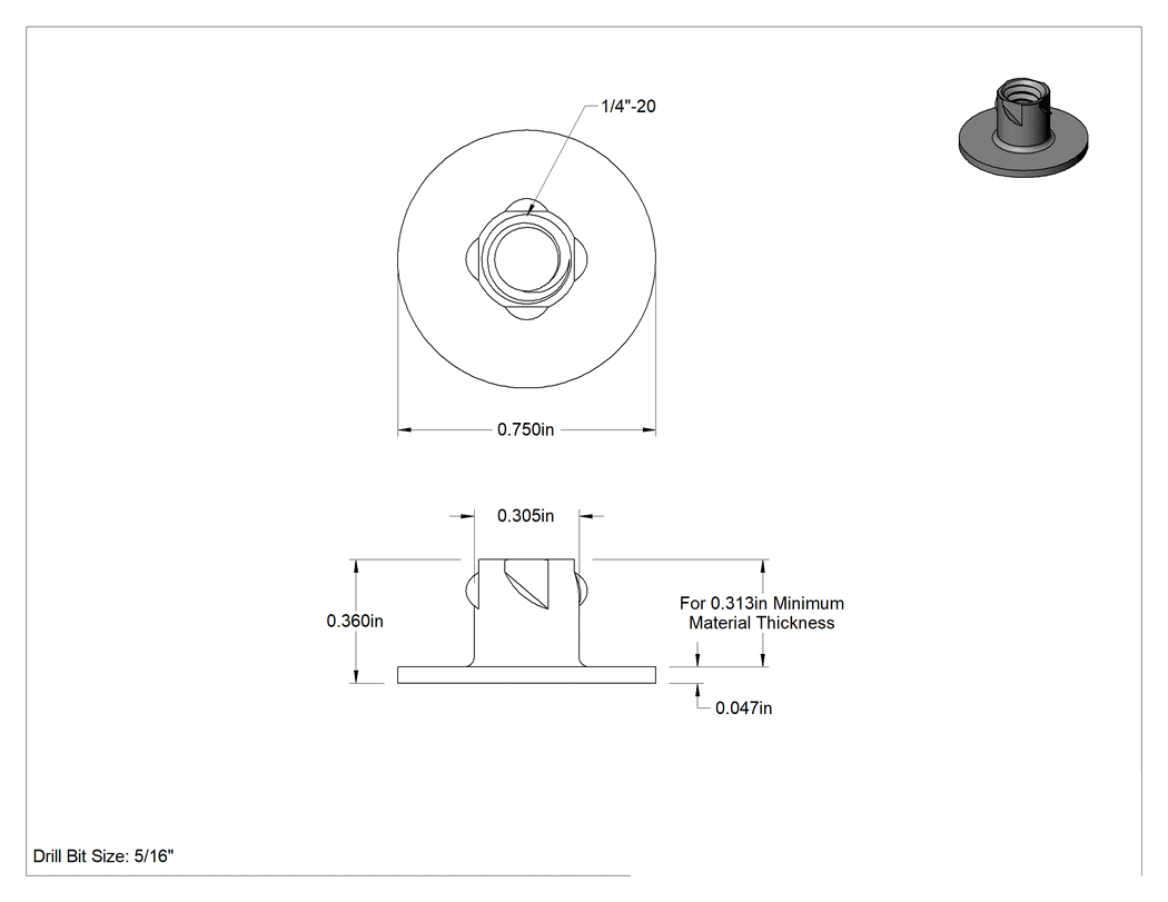 Teknik Çizim - Sert Ahşap için Ultra Çatlamaya Dayanıklı T Somun Ek Parçaları, Çelik, 1/4"-20 Diş Boyutu, 0.360" Takılı Uzunluk