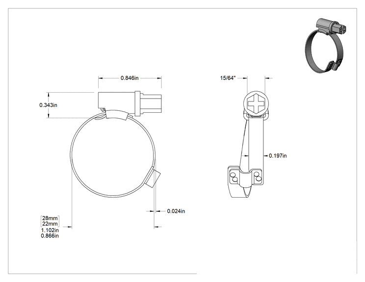 Teknik Çizim - Spiral Kanal için Kanal Hortum Kelepçesi, Çelik Vidalı 304 Paslanmaz Çelik, 13/16"-1-1/16" İç Çap, Sağ Yönlü Spiral