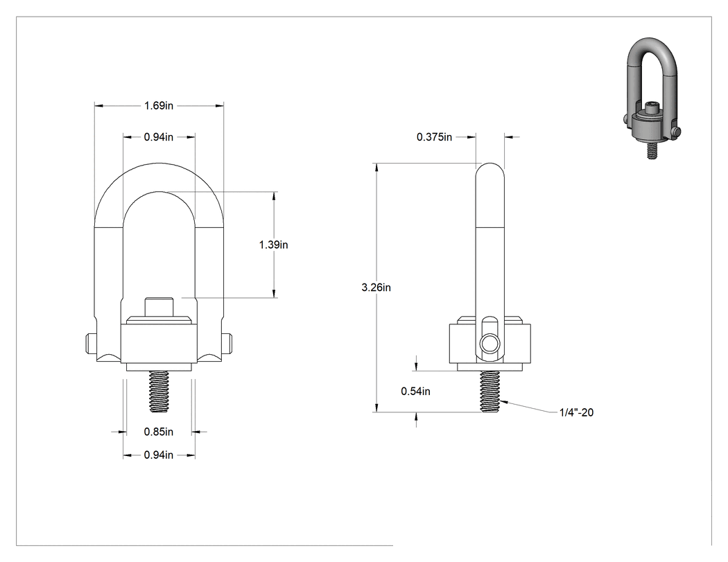 Teknik Çizim - Kaldırma için 316 Paslanmaz Çelik Kaldırma Halkası, İşlenmiş, 1/4"-20 Diş Boyutu, 9/16" Diş Uzunluğu