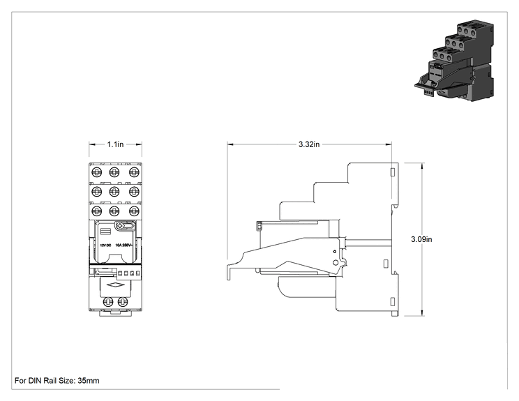 Teknik Çizim - DIN Rayına Monte Arayüz Rölesi, 3PDT, Vida Terminalleri, 12 V DC Giriş
