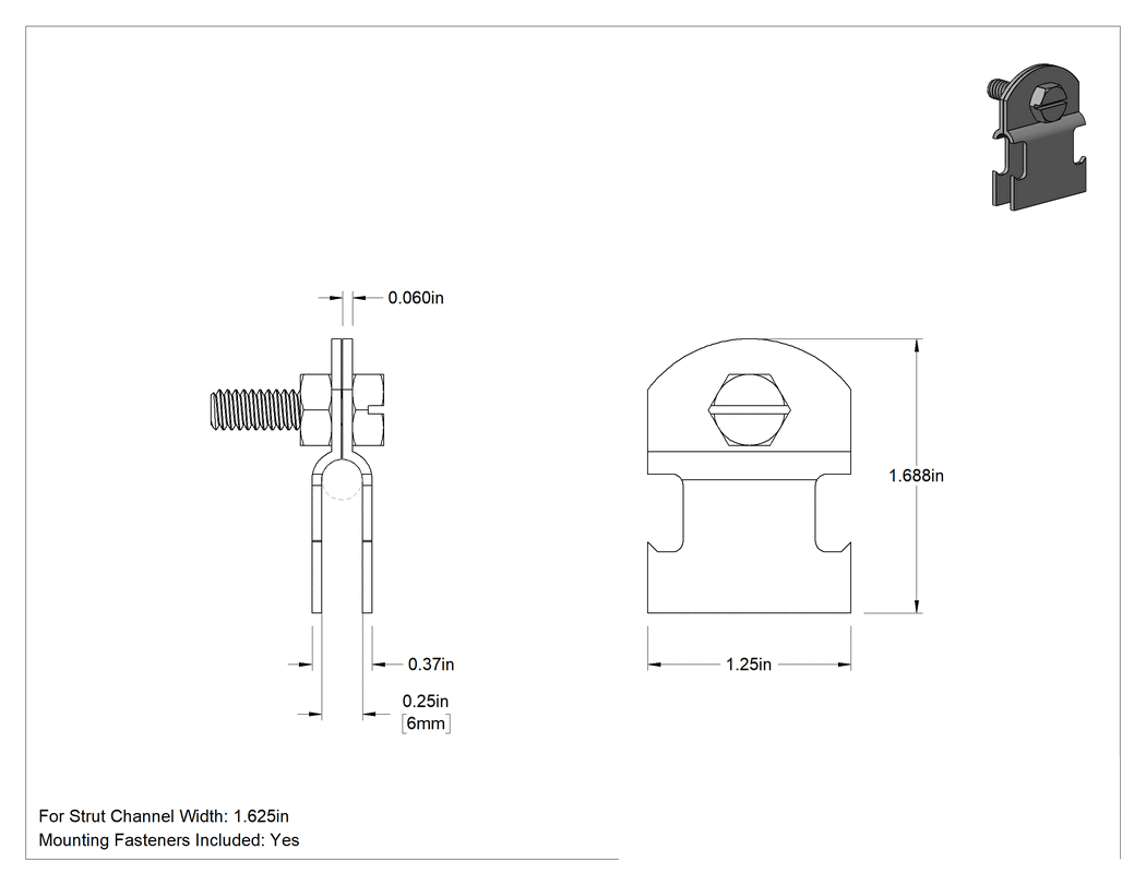 Teknik Çizim - Strut Montajlı Metal Yönlendirme Kelepçesi, 304 Paslanmaz Çelik, 1/4" İç Çap