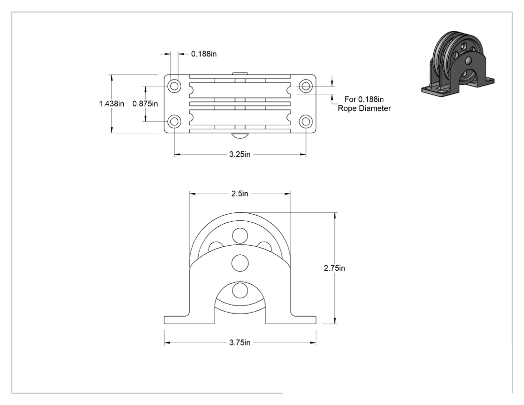 Teknik Çizim - Yatay Çekme için Tel Halatlı Montajlı Kasnak, Çift Oluk, 3/16" Çaplı Halat için, 2-1/2" Dış Çap, 1-7/16" Genişlik