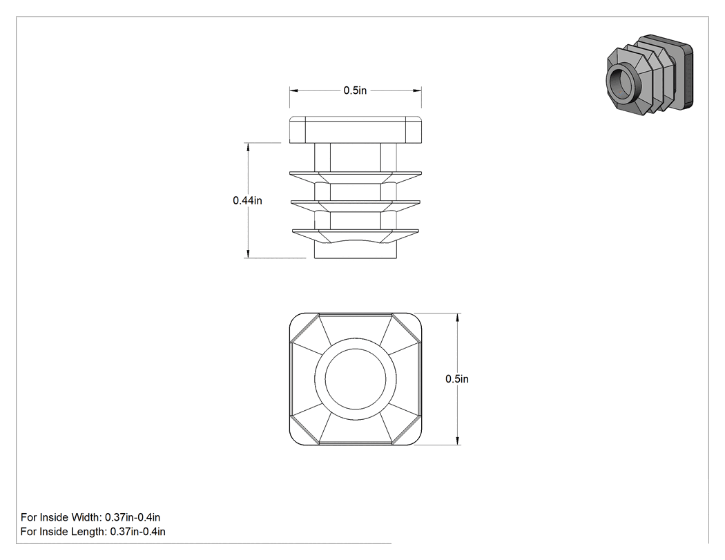 Teknik Çizim - Polietilen Kare Tapa, Takılabilir, 0.37" ila 0.4" İç Kare için