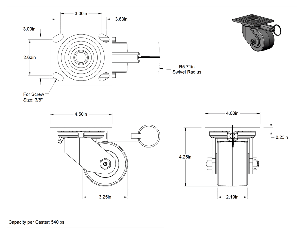 Teknik Çizim - 4-1/2" x 4" Montaj Plakalı Samson Tekerlek, Döner Kilitli ve 3-1/4" Çaplı 95A Poliüretan Tekerlekli Döner