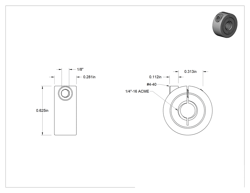 Teknik Çizim - 303 Paslanmaz Çelik Sıkıştırma Acme Kılavuz Vida Bileziği, Sağ Yönlü, 1/4"-16 Diş Boyutu, 5/8" Dış Çap