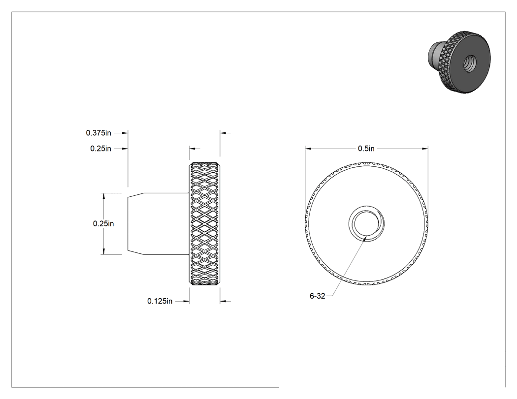 Teknik Çizim - Plastik Tırtıllı Başlı Parmak Somunu, 6-32 Diş Boyutu, 1/2" Baş Çapı